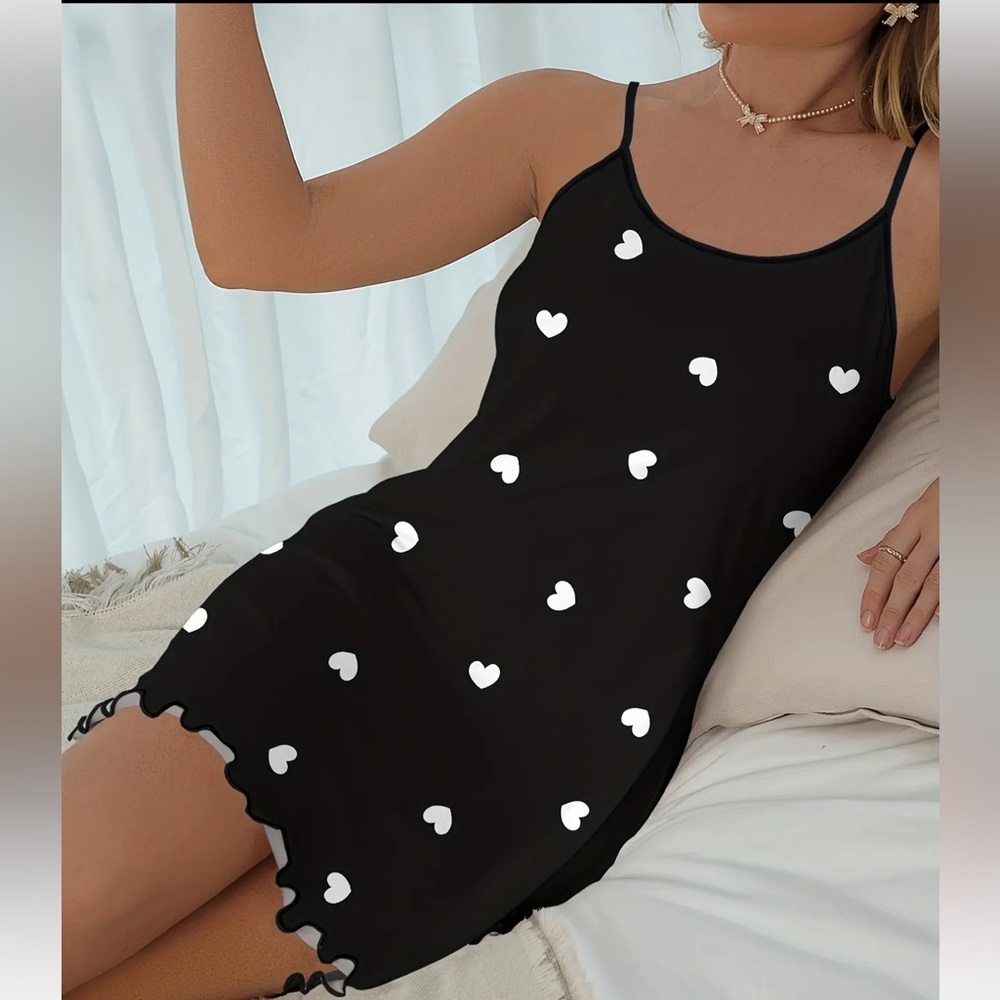 Black Heart-Print Satin Slip Dress - Women Intimates & Sleepwear NEW - Picture 4 of 7